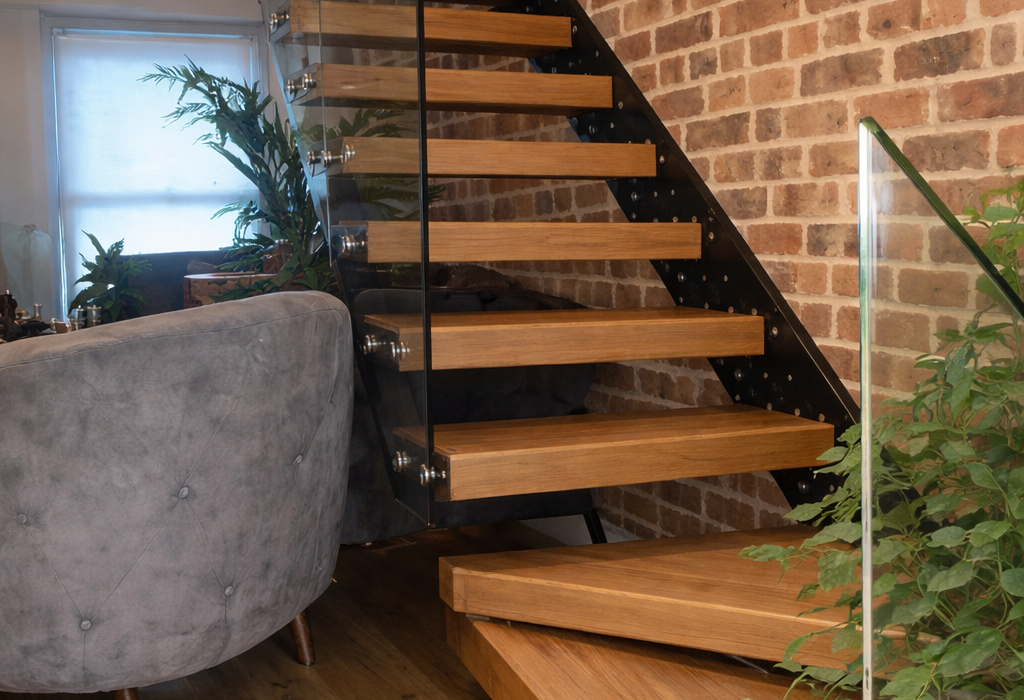Modern staircase with wooden steps.