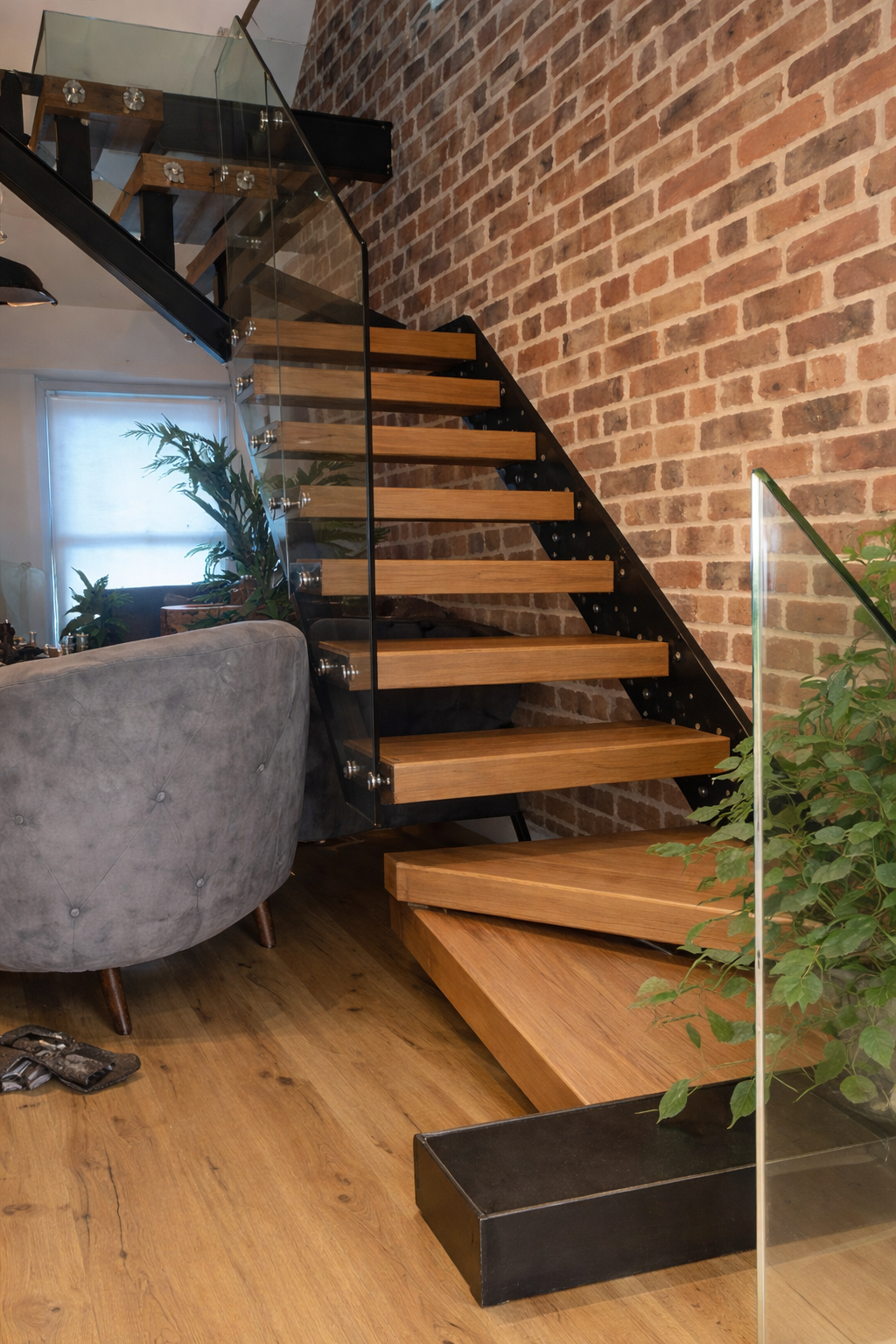 Modern staircase with wooden steps.