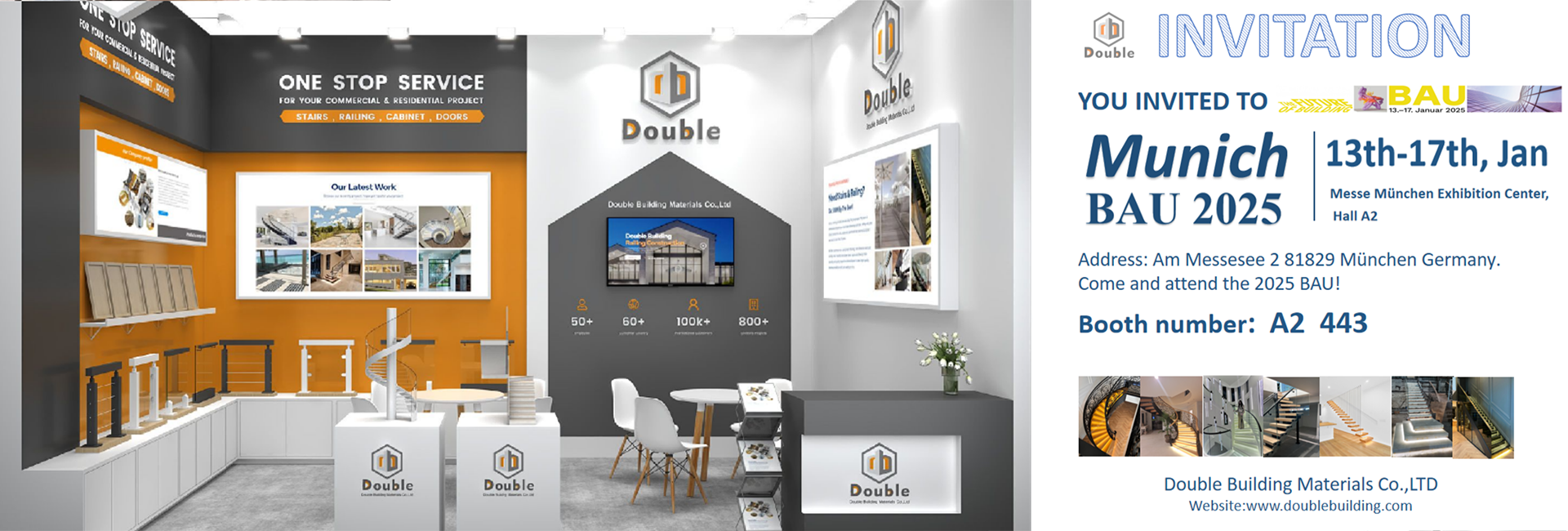 Double Building Materials at BAU Munich and IBS Las Vegas — showcasing staircase and railing systems for both European and American markets