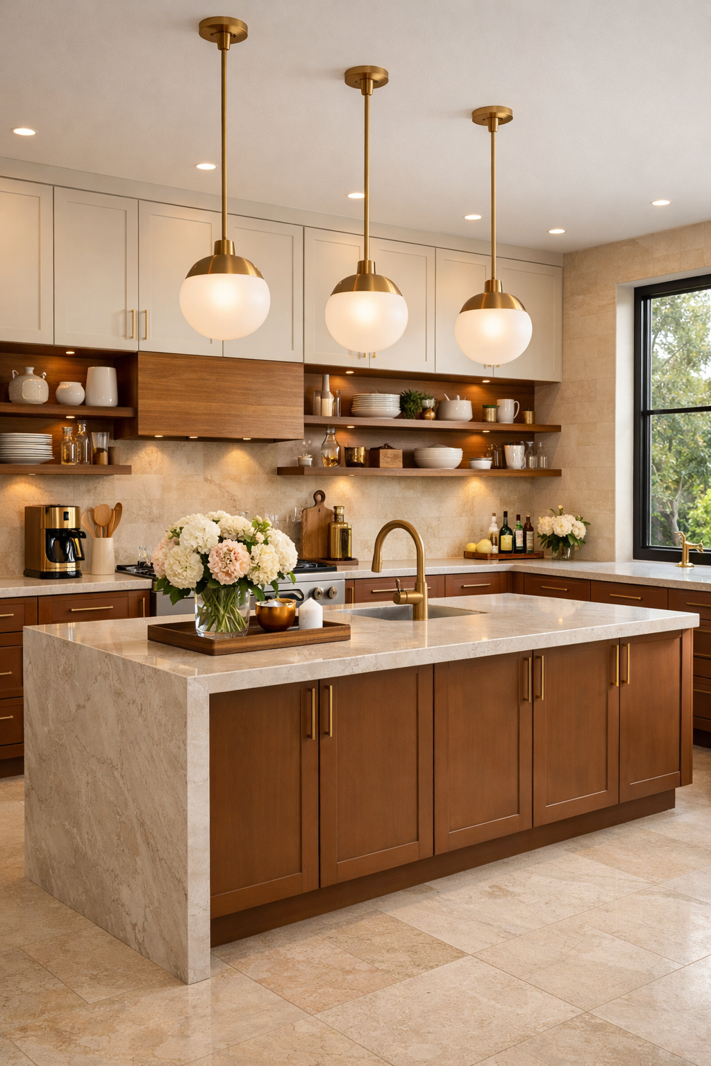Luxury modern kitchen with caramel brown cabinets and a marble island