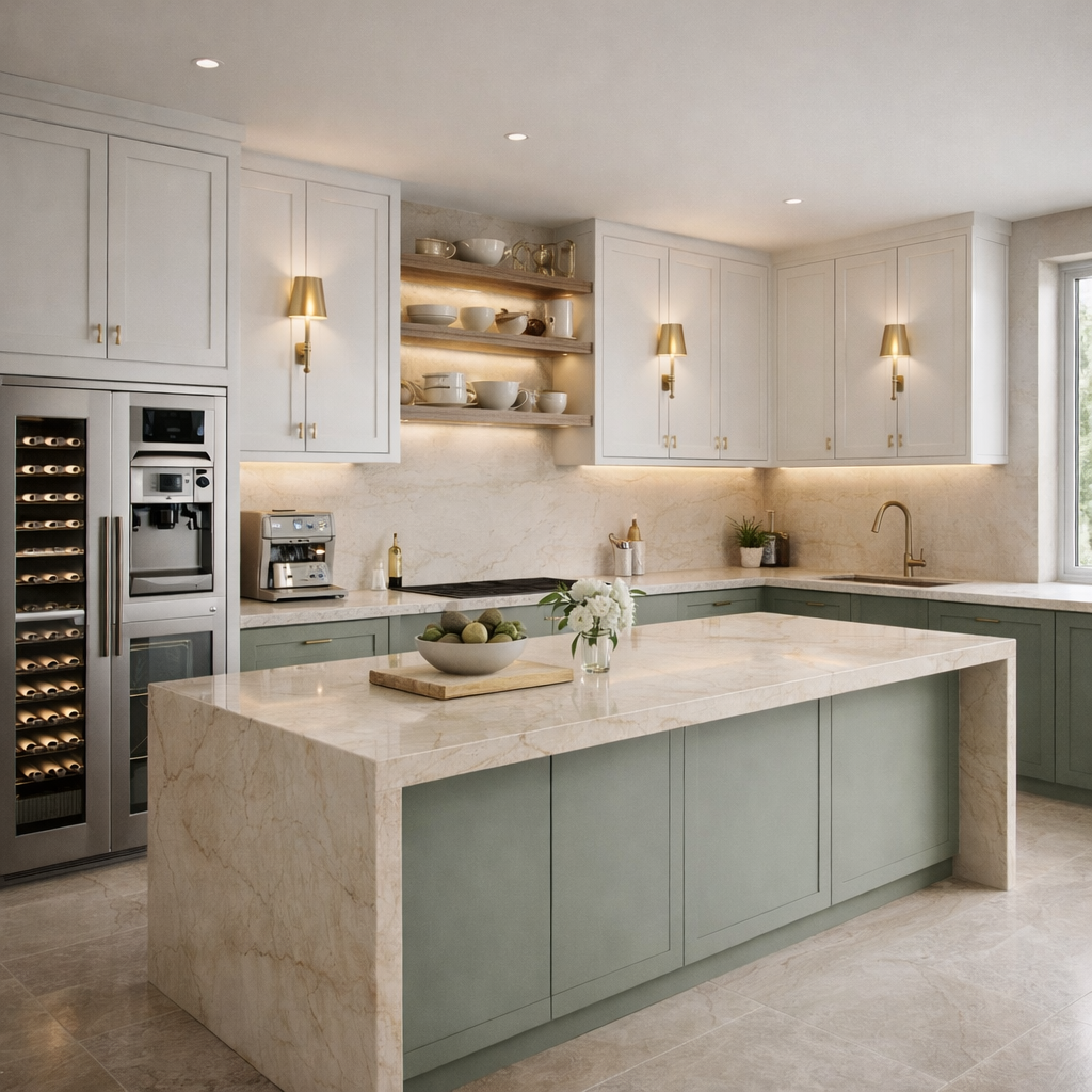 Sage green lower cabinets paired with a marble island in a luxury modern kitchen