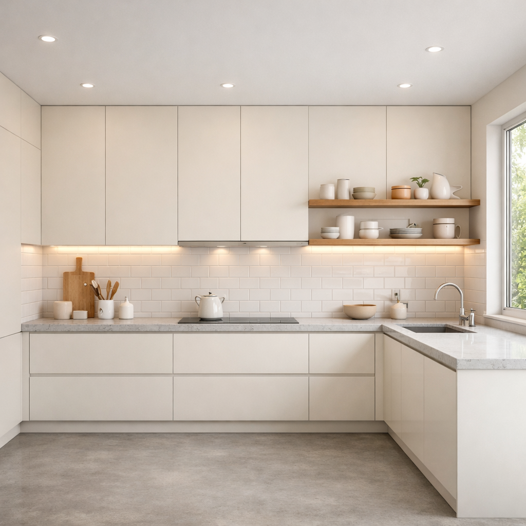 Minimalist kitchen with ivory cabinets and a quartzite countertop