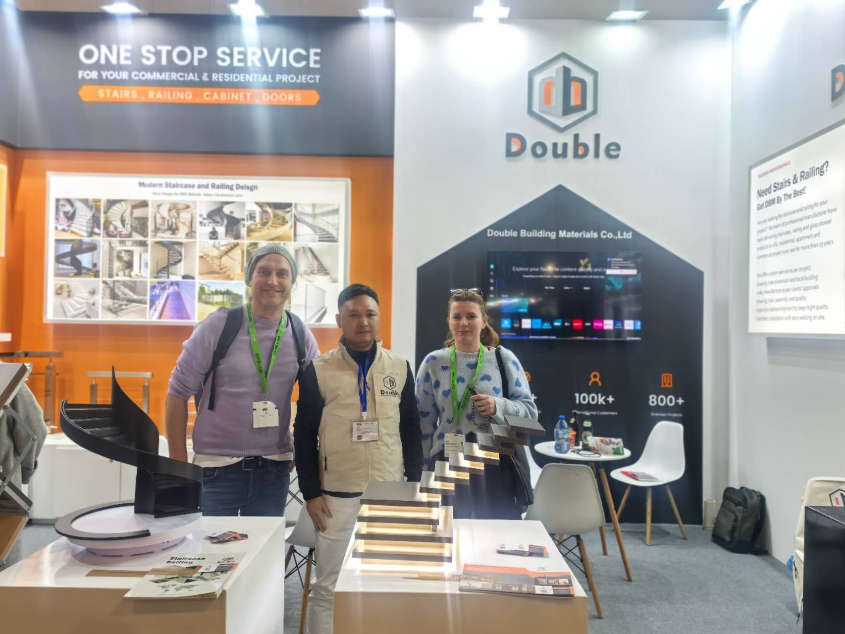 BAU 2025 Munich — Double Building Materials booth at Messe München with staircase and glass railing display